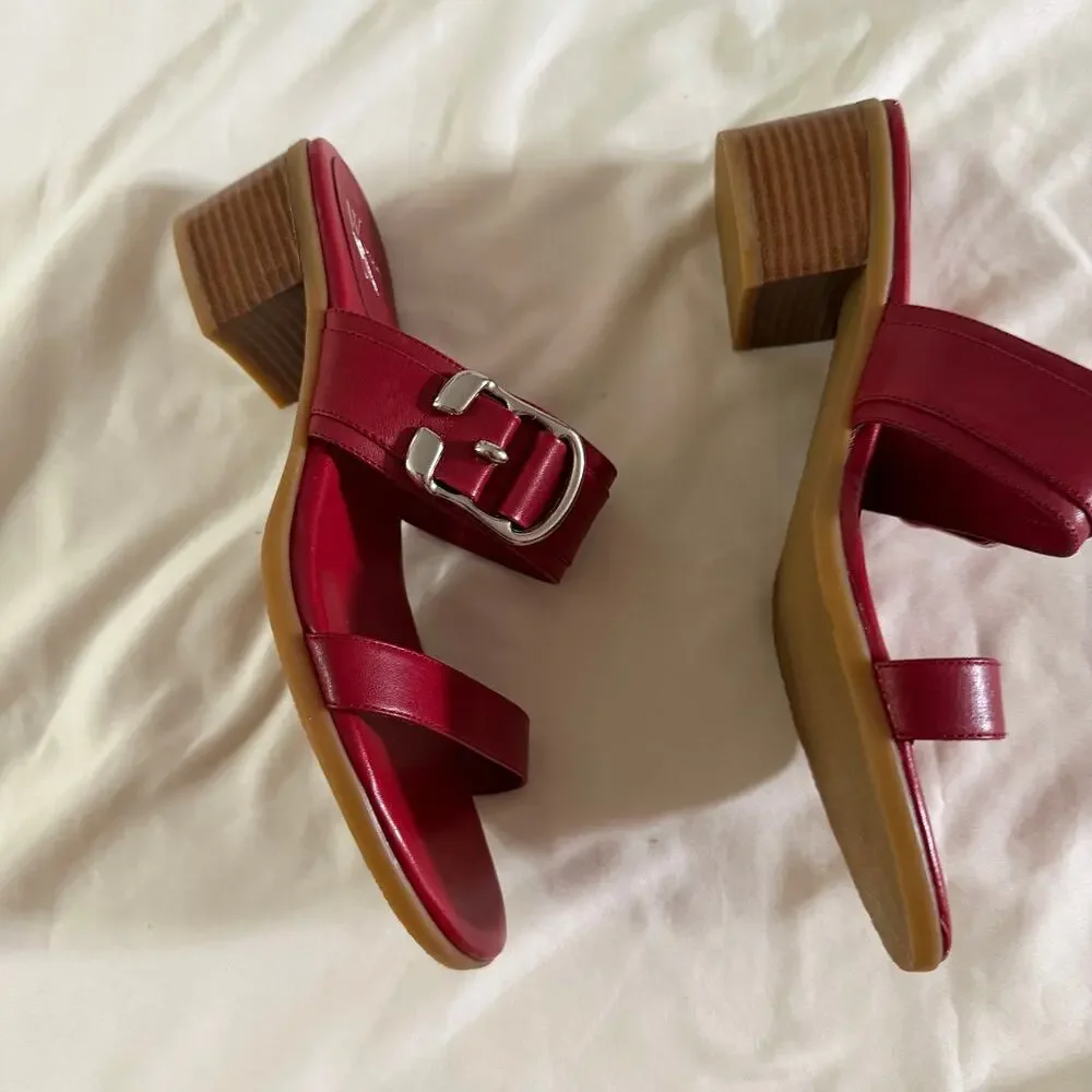 Y2K 2000s Red Leather Block Heel Buckle Sandals 8.5 Grunge Punk